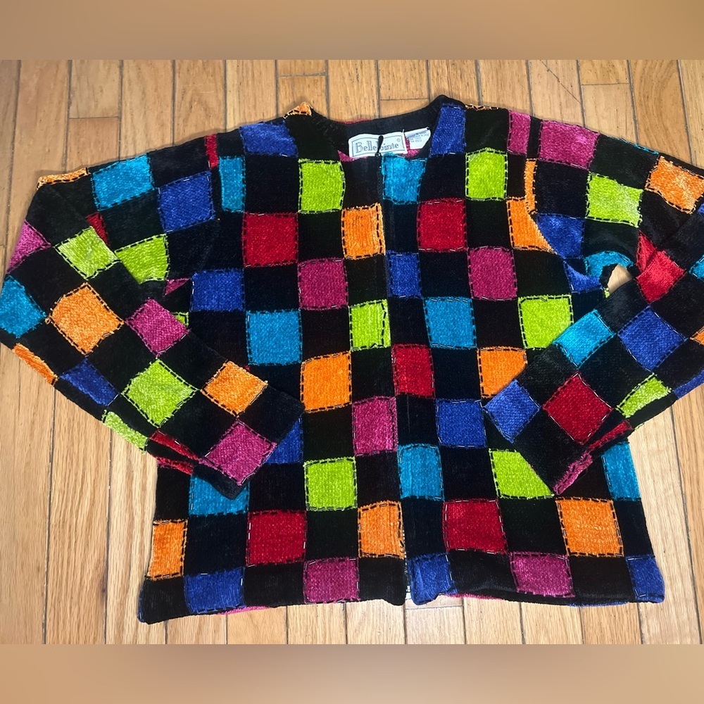 vintage belle pointe Zip Cardigan Sweater Size Small Retro Colorblock Beaded 80’